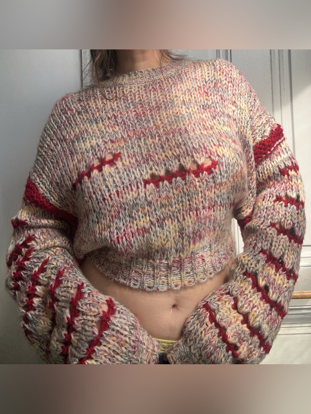 Forever 21 Multicolor Cropped Crewneck Sweater with Red Stripes